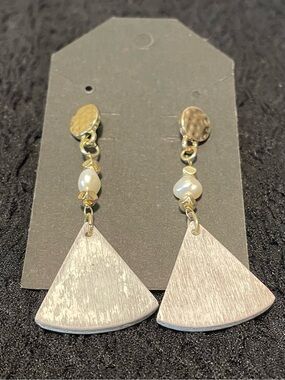 Gold & White Pearl Drop Earrings with Gray Wooden Triangle Pendants